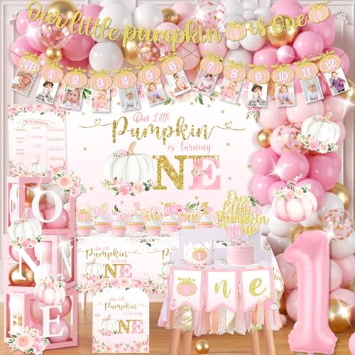 Our Little Pumpkin is Turning One Decorations-174Pcs Pink Pumpkin Balloon Arch Garland Kit with Backdrop Photo Banner Balloon Boxes for Girl 1st Birthday Party Supplies
