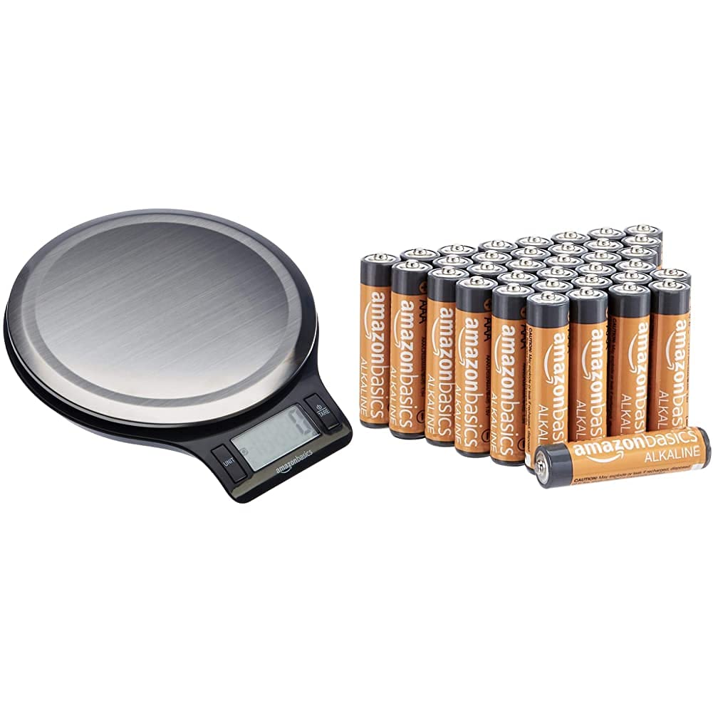 AmazonBasics Stainless Steel, BPA Free, Digital Kitchen Scale with LCD Display (Batteries Included) & AAA 1.5 Volt Performance Alkaline Batteries - Pack of 36 (Appearance may vary)