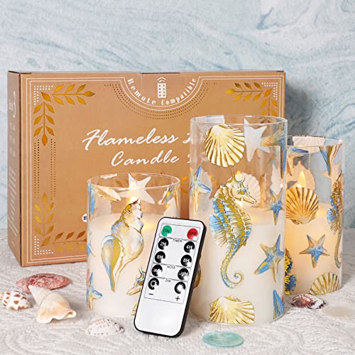 Crystal Club Glass Flameless Candles With Remote And Timer: Nautical Theme Led Pillar Candles - Set Of 3 Battery Operated Flickering Candles - Seahorse Shell Candles For Home Decor #TOP5
