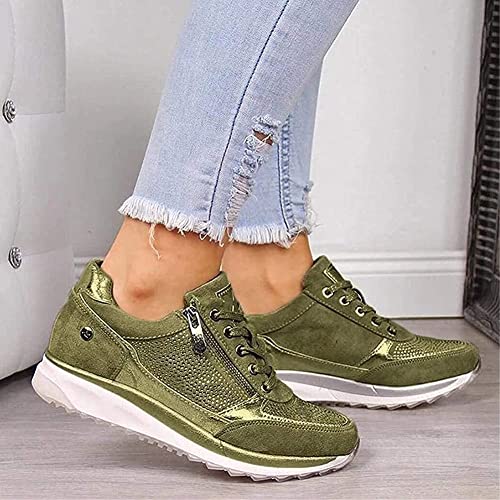Casual Sneakers for Plantar Fasciitis Women Comfortable Orthopedic Wedge Trainers Walking Shoes Memory Foam with Zipper Lace Up Anti Slip Shoes (Color : Green, Size : 43 EU)2