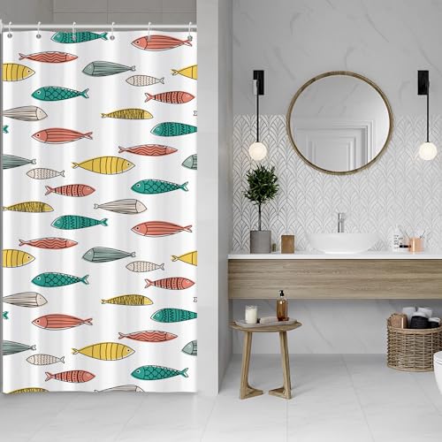 ASDCXZ Rideau de douche en forme de poisson, 120 x 200 cm, jaune, vert, rouge, océan, coloré, anti-moisissure, pour salle de bain, lavable, fin, en...