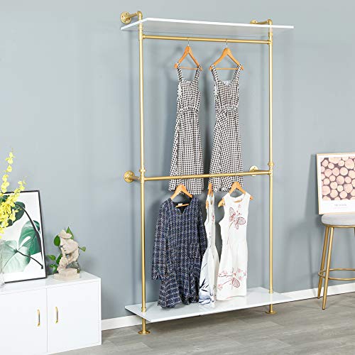 Mdepyco Modern Simple Industrial Pipe Double Hanging Rods Clothing Rack,Retail Display Wall Mounted Storage Clothes Hanging Shelf,2 Tier Wood Garment Rack (One Shelves,Gold , 47.2" L) #TOP2