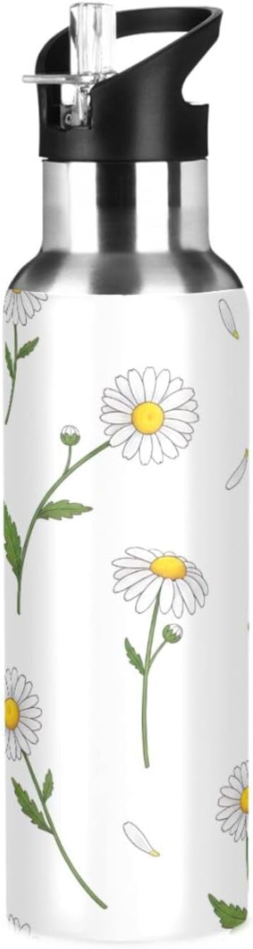 White Daisies Flowers Stainless Steel Vacuum Insulated Water Bottle 20 Oz Leakproof Water Bottles, BPA-Free Sports Water Bottle with Straw