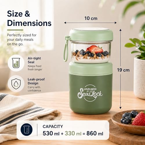 Image of 2 Layer Insulated Lunch Box with Airtight Snack Container & Spoon | Leakproof Bento Lunch Jar | 304 Stainless Steel Inner | Portable Food Container for Office, School, Travel (Green - 860ml)