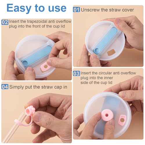 Image of HINZIC 3 Sets Spill Stoppers for 40oz Stanley Quencher H2.0, Silicone Straw Cover Cap 10mm, Square Leak Proof Lid and Round Lid Spill Plug, Blue White Pink Drinking Cup Accessories for Women
