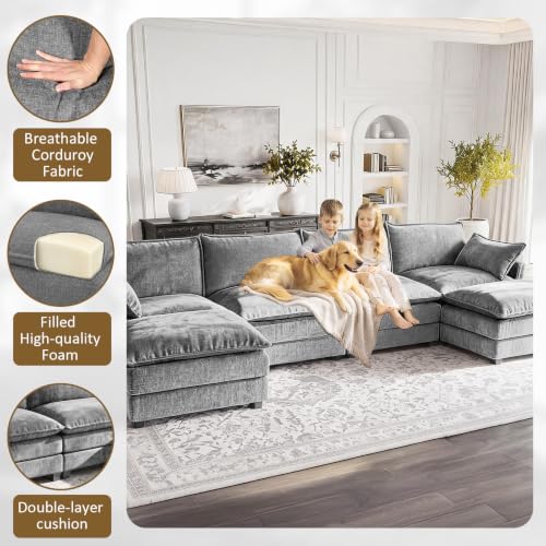 Image of 146 inch U-Shape Modular Sofa with 2 Ottomans, Deep Seat Cloud Convertible Sleeper, 2 Arm Pillows, Cozy Large Upholstered Furniture for Living Room Apartment, Dark Grey