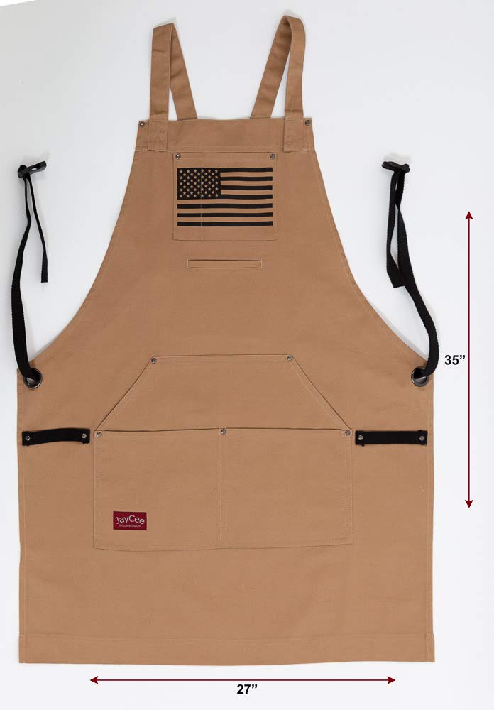 JayCee Fartuch do BBQ, grilla, gotowania, hobby i warsztatu, 5 kieszeni, krzyżowe plecy, 2 szlufki na narzędzia/ręczniki, 284 g bawełny, wspaniały prezent