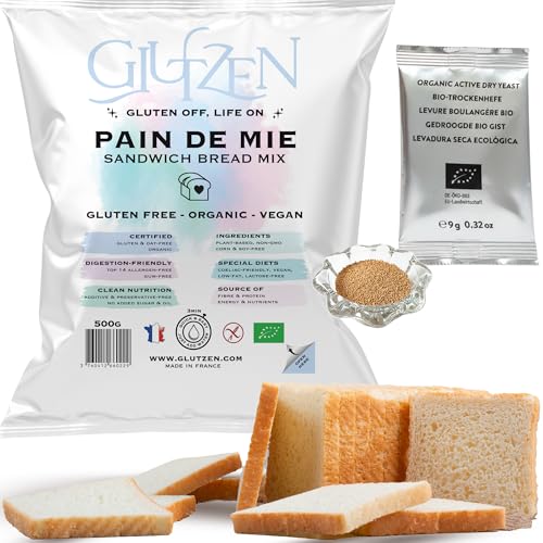 Preparado Pan de Molde Ecológico Sin Gluten GLUTZEN. Sin amasado ni panificadora. Mezcla de harinas sin gluten, sobres de levadura incluidos. Celíaco, Sin alérgenos, Vegano, FODMAP.
