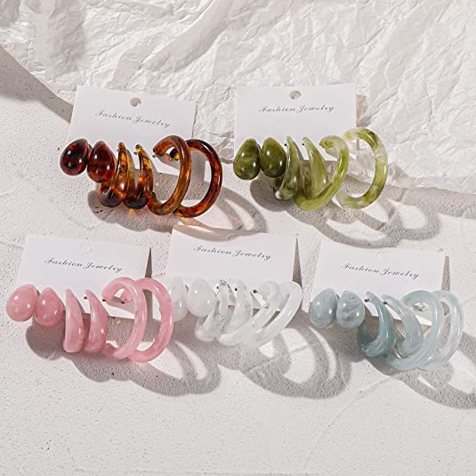 3Pairs Minimalist Vintage Lightweight Polished Teardrop Waterdrop C Shape Circle Round Cuff Acrylic Resin Hoop Earrings Colorful Thick Chunky Wide Thin Acetic Acid Earring Set for Women4
