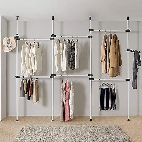 Heavy Duty Clothes Rack, 4 Poles 6 Bars Telescopic Coat Hanger Wardrobe Organiser, Hanging Rail, Garment Rack, Stainless Steel Poles and Bars, 60kg Loading per Horizontal Bar, Height Adjustable