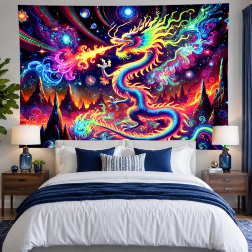 Image of BlissYard Dragon Tapestry Blacklight Tapestry 78x59 Inch UV Wall Hanging | Dragon Tapestry with Neon Dragon Skull Fantasy Scene for Gaming Room Bedroom Dorm and Trippy Wall Decor
