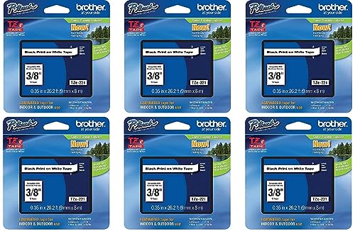 Brother Genuine P-Touch 6-Pack TZe-221 Laminated Tape, Black Print on White Standard Adhesive Laminated Tape for P-Touch Label Makers, Each Roll is 0.35"/9mm (~ 3/8") Wide, 26.2 (8M) Long