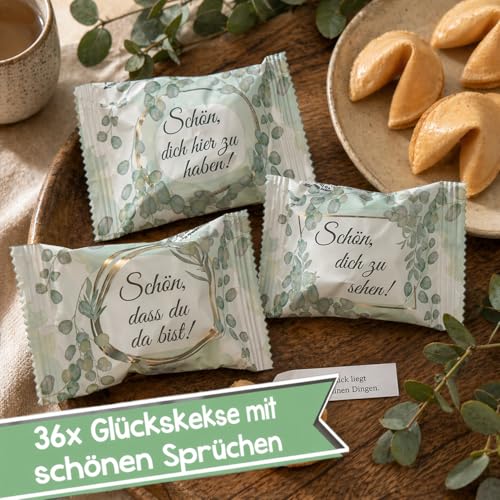 FOOD crew 36x Glückskekse Schön dass du da bist - 3 Designs - Glückskeks Einzeln Verpackt - Gastgeschenk Hochzeit Gäste mit Sprüchen Deutsch - Kommunion Mitgebsel - Vegane Süßigkeiten