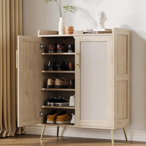 Rattan Shoe Cabinet, 5-Tier Shoe Storage Cabinet with Doors, 2 Adjustable Shelves and Heavy Duty Metal Legs, Farmhouse Shoes Organizer for Entryway Hallway Living Room, Oak
