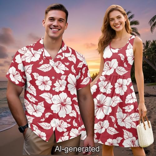 Image of Dreaweet Summer Dresses for Women A-Line Sleeveless Flowy Sun Dresses,Men's Casual Button-Down Shirts,Couple Matching Outfits