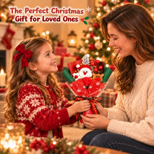 Image of Christmas Crochet Flower Bouquet with Santa & Reindeer, Handmade Xmas Gift