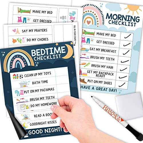 Image of Hadley Designs Boho Rainbow Schedule Board for Home, 6 Reversible Wall Art Prints, Birthday Decorations, Reward Chart Bedtime Routine Chart for Toddlers, Posters for Kids Room