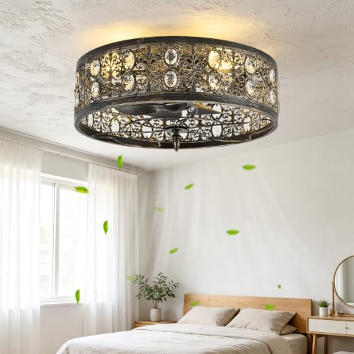 Rjieoc Vintage Crystal Ceiling Fan with Light, Farmhouse Caged Fandelier with Remote Control, Industrial Flush Mount Ceiling Fan Light for Bedroom Living Room Dining Room Kitchen - image 5