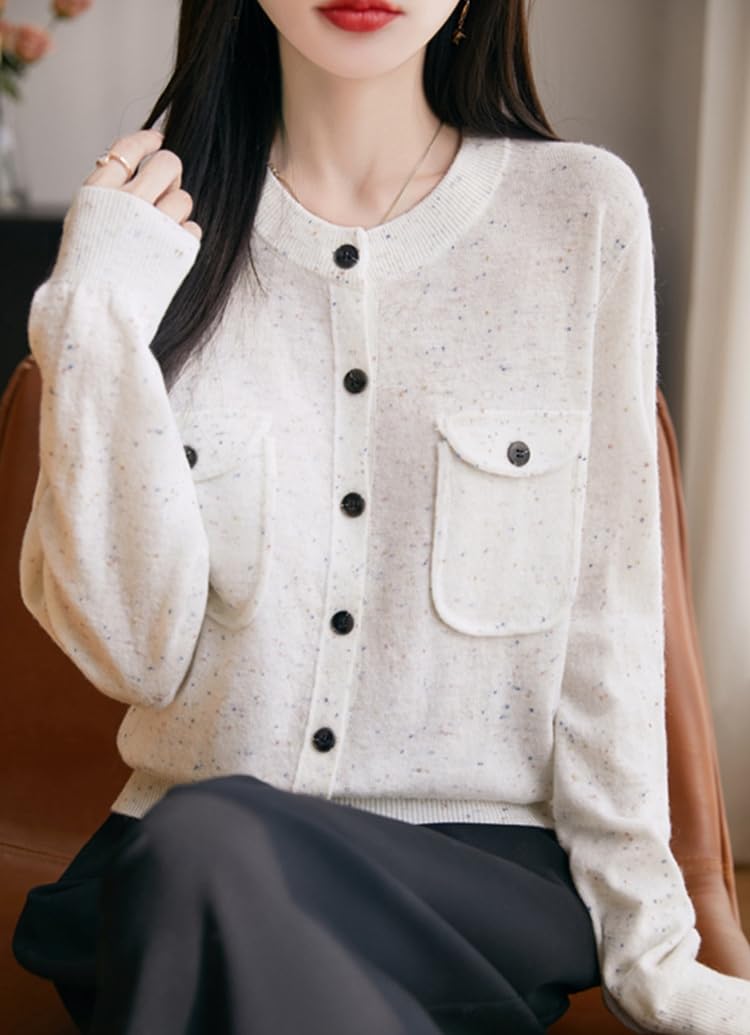 Cárdigan de Cachemira para Mujer, Cuello Redondo, Botones, Punto, cárdigan, suéter, Manga Larga, Casual, Jersey con Bolsillo, Elegante, Moteado, otoño, Invierno, Prendas de Punto, prend