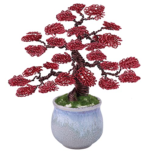rockcloud Aluminum Wire Money Tree Sculpture with Ceramic Base Feng Shui Bonsai Home Office Decoration for Luck and Wealth, Red & Brown
