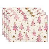 Christmas Placemats Set of 4, 12x18 Inch Pink Merry Christmas Trees Heat-Resistant Place Mats, Seasonal Winter Table Decors for Farmhouse Kitchen Dining Xmas Holiday Party