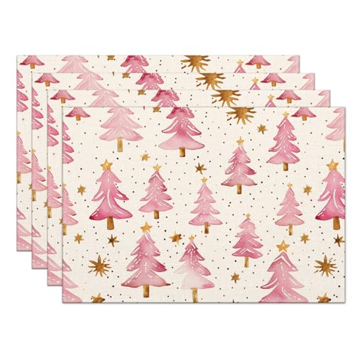 Christmas Placemats Set of 4, 12x18 Inch Pink Merry Christmas Trees Heat-Resistant Place Mats, Seasonal Winter Table Decors for Farmhouse Kitchen Dining Xmas Holiday Party