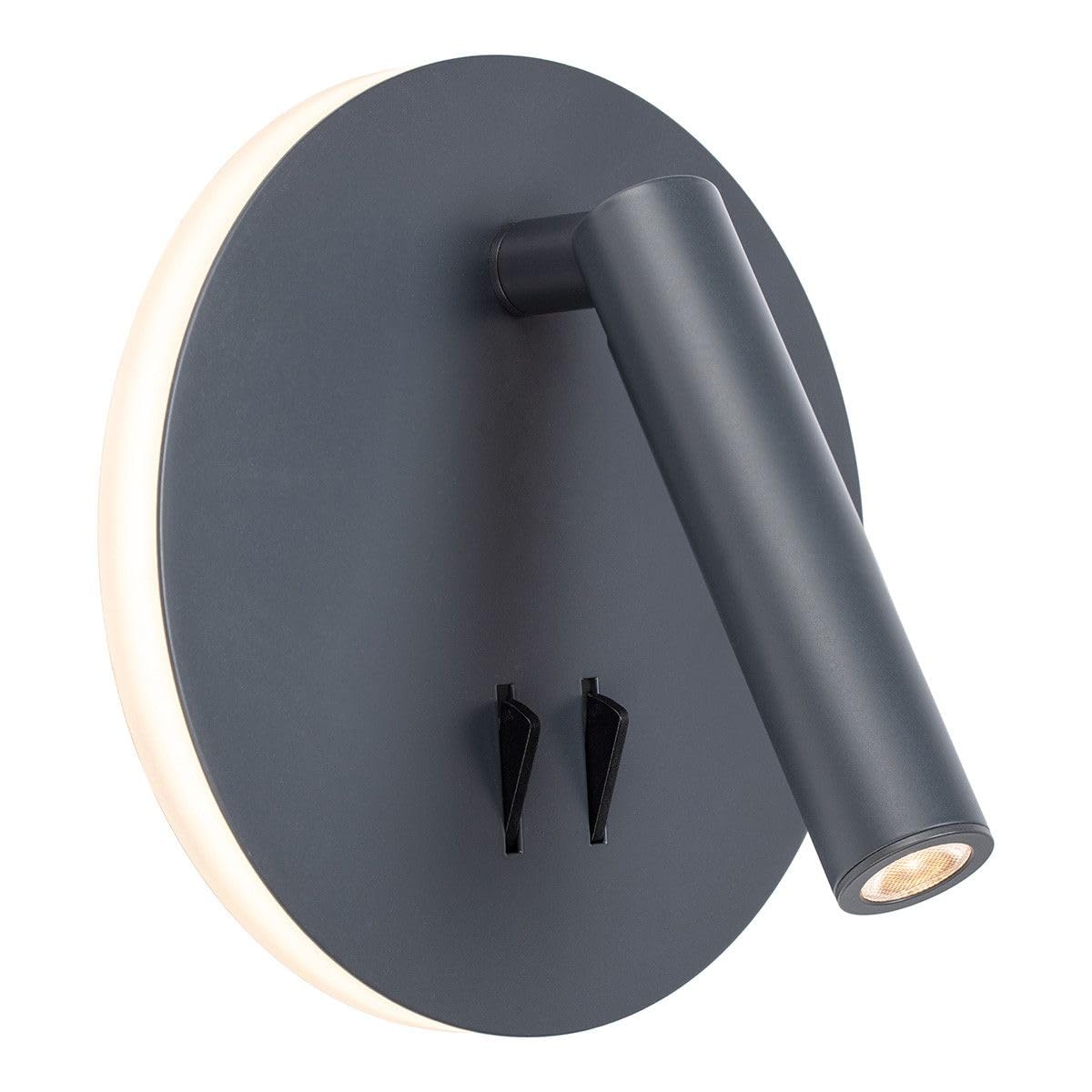 Arum Applique Liseuse LED Murale SLOW 9W (6W+3W) – Double Éclairage Tête de Lit avec 2 Interrupteurs – Spot de Lecture Orientable & Rétro-éclairage Ambiance – Gris Anthracite (Blanc Chaud)