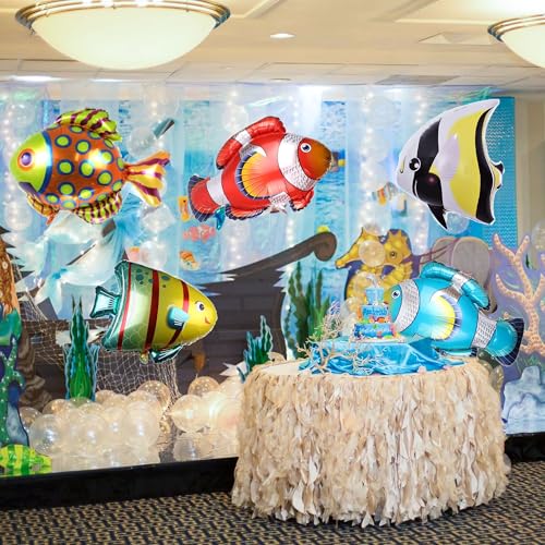 Image of 5 Pcs Fish Balloons, Large Tropical Clownfish Foil Balloon | Inflatable Under the Sea Animal Creature Balloons for Baby Shower Kids Birthday Ocean Themed Party Decorations
