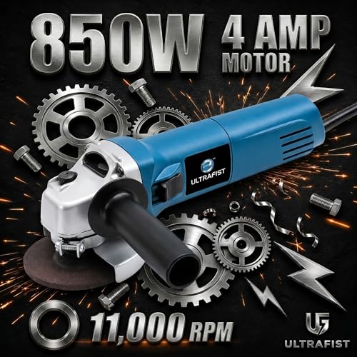 Image of Ultra Fist Silver 850W Angle Grinder 100mm /4 Inch, 11000 RPM Electric Hand Grinder with Metal Gear Housing, Spindle Lock, Auxiliary Side Handle, Spanner, Carbon Brushes & Cutting /Grinding Wheels