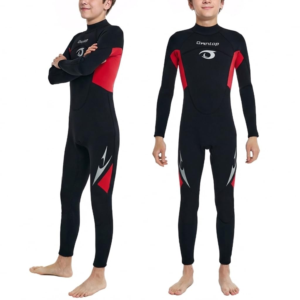 Owntop 2.5mm Kids Wetsuit – Girls Boys Neoprene Wet Suit Full Wetsuits, Back Zip Thermal Diving Suit for Youth Teen Watersports, Red 16, 160-170cm, 55-62kg, 16-17Y
