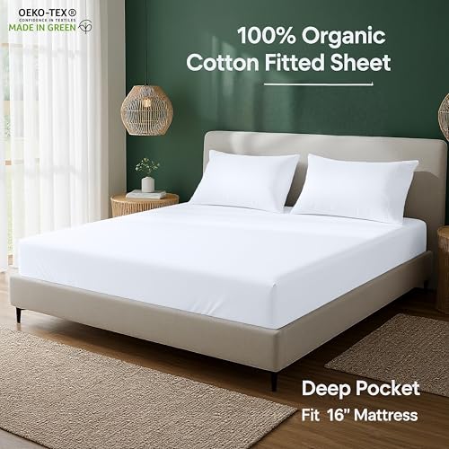 Image of Royale Linens 100% Organic Cotton 2 Pack Fitted Sheet - Percale Weave - Super Soft Deep Pocket Bottom Sheets - White Elastic Sheet King Size - King Fitted Sheets Only - (78 inchx80 inch+15 inch, White)