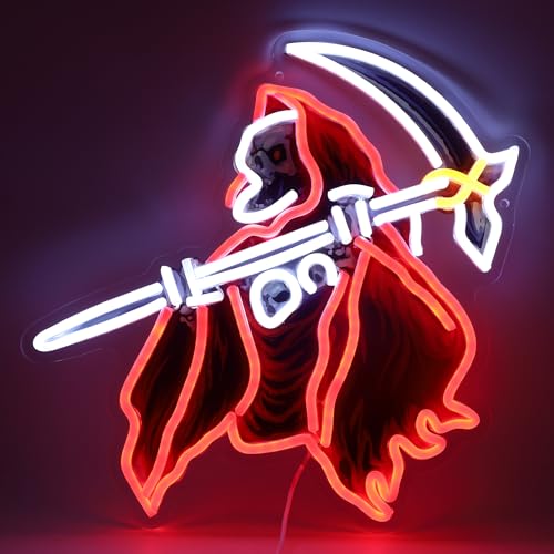 Image of Skull of the Reaper LED Neon Sign USB Powered for Wall Decor, Horror Neon Night Light Sign Dimmable for Room Party Decor Halloween Birthday Gifts