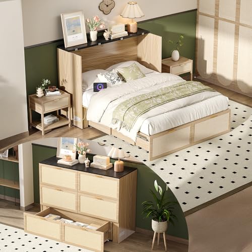 VINGLI Queen Size Rattan Murphy Bed with Storage Drawer,2 Charging Station, Boho,Hideaway Paltform...