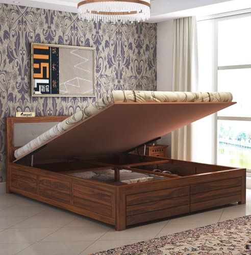 Image of Ganpati Arts Solid Sheesham Wood Euro King Size Bed with Hydraulic Storage and Upholstered Headboard | Wooden Double Bed Cot Palang Furniture for Bedroom, Living Room, Home and Hotel (Natural Finish)