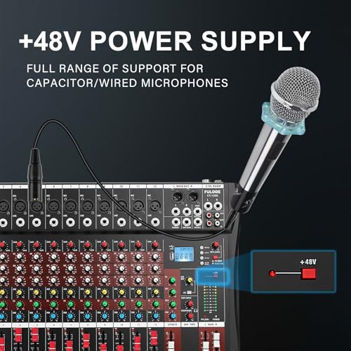12 Channel Mixer Audio Console, CT-120S Professional Music Mixer DJ Mixing Board with Reverb Bluetooth MP3 Player 48V Phantom Power Supply USB Recording for Studio Karaoke Live Performance