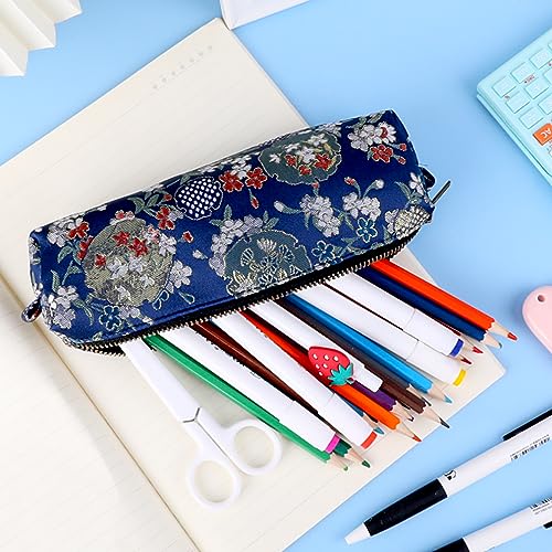 Image of iSuperb Vintage Pencil Case Embroidery Pen Pouch Zipper Pencil Bag Women Makeup Bag for Office Organizer Storage Bag (Dark Blue)