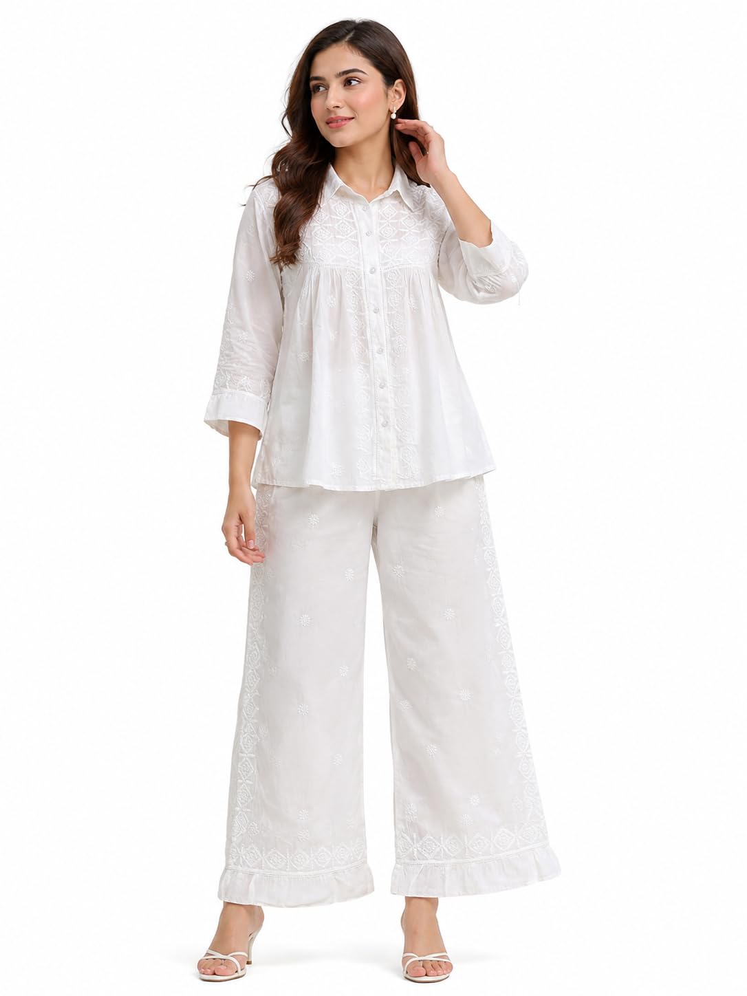 Women's White Chikankari Embroidered Shirt and Palazzo Pant Co-ord Set M Size-image-22