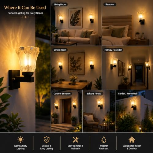 Image of Home Decor Wall Lights Glass Lamp Shade with Premium Finish & E27 Bulb Holder for Living Room, Bedroom, Balcony, Kitchen, Cafes | Decorative Night Lamps Fixtures | Elegant Wall Hanging Lights
