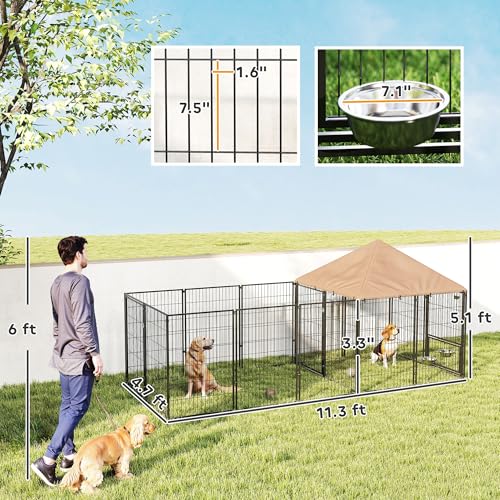 PawHut Outdoor Dog Kennel for Large Dogs, Heavy Duty Pet Kennel Run with Rotating & Adjustable Height Bowls, Waterproof & UV-Resistant Canopy, for Chickens, Ducks, 11.5' x 4.7' x 5' - Thumbnail 7