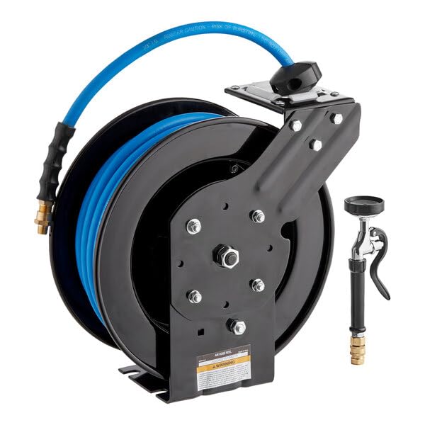 Glownary Open Powder-Coated Steel Hose Reel with 50ft x 3/8in Hose, Spray Valve, 300 PSI, Wall/Ceiling/Floor Mount, for Commercial Kitchen, Water/Air Use