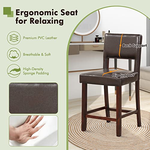 Image of COSTWAY Bar Stools Set of 2, PVC Leather 24.5 Inch Counter Height Chairs with Hollowed Backs, Rubber Wood Legs, Upholstered Barstools for Kitchen Island Home Bar Pub Dining Room, Brown