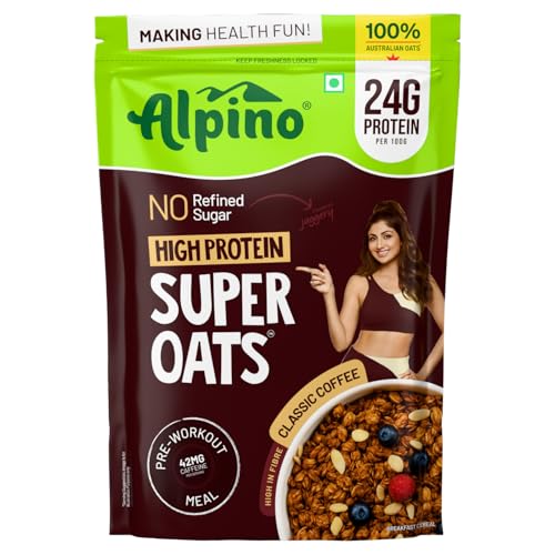 Image of ALPINO 24g High Protein Super Oats Classic Coffee 400g - 42mg Caffeine - Rolled Oats with Peanut Butter, TSP & Jaggery - Pre-Workout Breakfast, No Refined Sugar