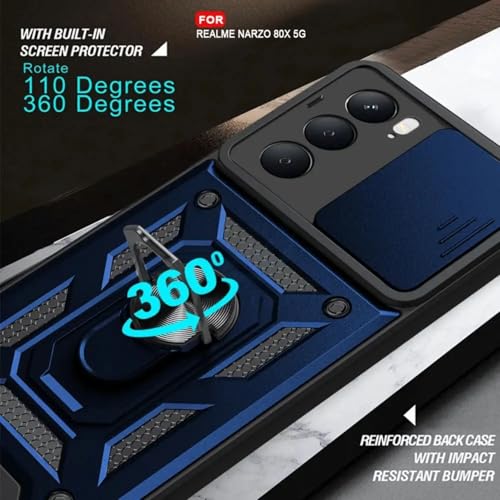 Image of SPAZY CASE Realme Narzo 80x 5G Back Cover | Heavy Duty Hybrid Case with 360 Degree Rotating Finger Ring Holder + Slider Shutter Camera Protection Case for Realme Narzo 80x 5G - Blue