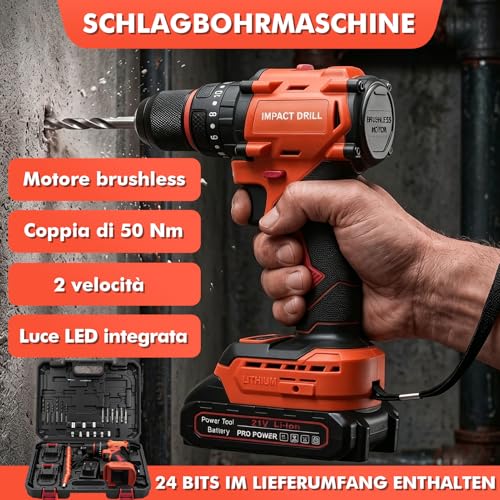 Akkuschrauber mit 2 Akkus 1500mAh, 21V Akku-Schlagbohrschrauber 50Nm, 1500 RPM (2-Gang) Akku Bohrschrauber Set, 20+1 Drehmomentstufen, 24 Bits, LED-Licht für Reparatur, DIY, Möbelmontage – Bild 2
