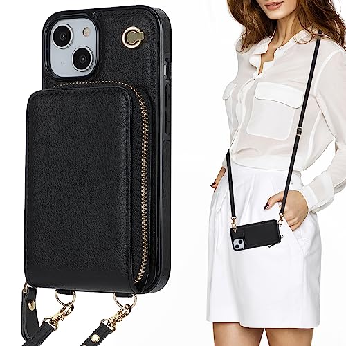 KIHUWEY Crossbody Wallet Case for iPhone 13 iPhone 14, Zipper Pocket Case with Card Holder, PU Leather RFID Blocking Protective Cover Case with Kickstand Detachable Wrist Strap Lanyard 6.1