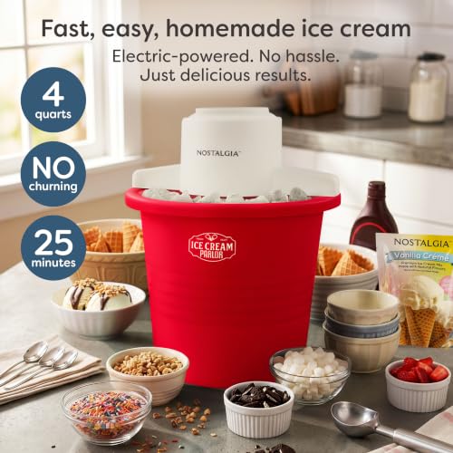 Image of Nostalgia Electric Ice Cream Maker - Parlor Style, Old Fashioned Soft Serve Ice Cream Machine Makes Frozen Yogurt or Gelato in Minutes - Fun Kitchen Appliance - Red - 4 Quart