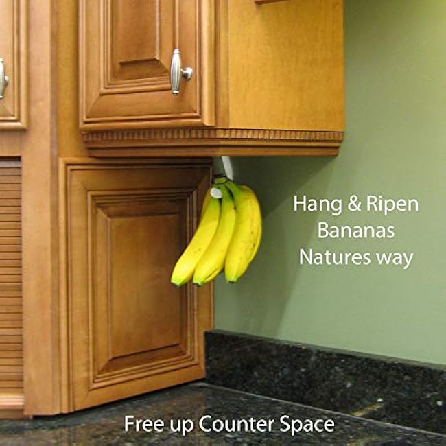 Gadjit Banana Hook Under Cabinet Hanger Ripens Bananas with Less Bruises, Folds up Out of Sight When Not in Use, Saves Countertop Space, Self-Adhesive + Pre-drilled Screw Holes (Black)