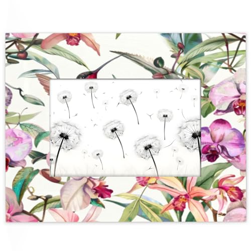 Mintoprints Marco de fotos de colibrí de 5 x 7 pulgadas, flores de hibisco de 4 x 6 pulgadas con paspartú o de 4 x 6 pulgadas sin paspartú, marco de fotos de madera para pared o mesa