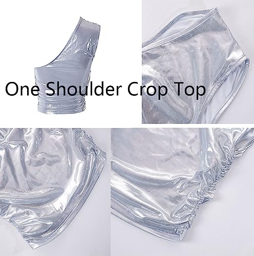 Women's One Shoulder Crop Tank Top Bra Shiny Metallic Ruched Sleeveless Tops Cut Out Sparkling Tee Shirt Party Clubwear2