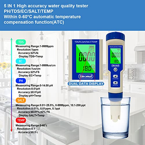 Ueomul 5 en 1 Medidor de pH digital con TDS EC Salinidad Temperatura Probador multiparamétrico de alta precisión a prueba de agua IP67 Compensación automática de temperatura Medidor de pH de agua